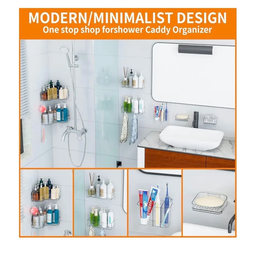 7 Piece Clear Shower Caddy Set Adhesive Wall Mount Bathroom Organizer